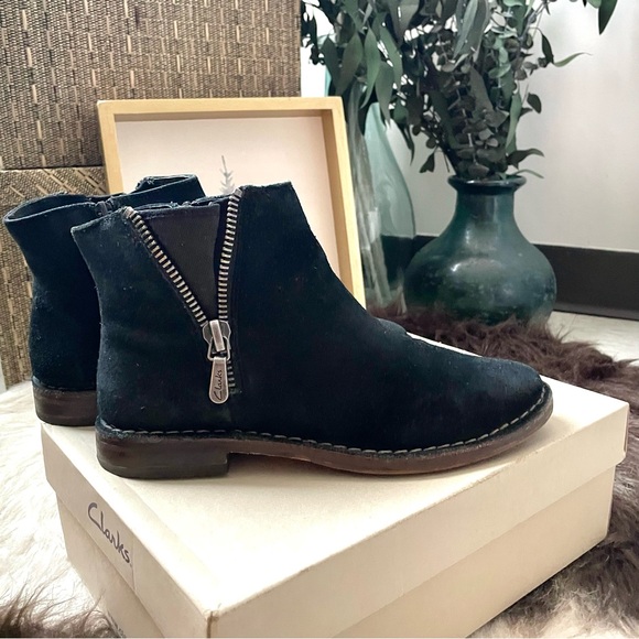 Clarks Shoes - Clarks Black Suede Ankle Boots Side Zip Low Heel Size 8